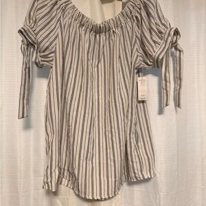 Ardene Off The Shoulder Striped Blouse XL‎ Black White Tie Sleeve Top NEW